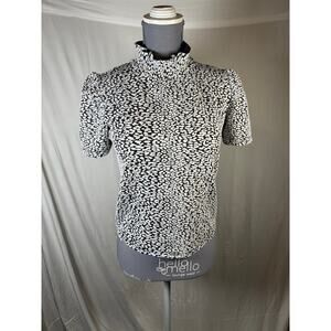 Zara M High Neck Leopard Animal print blouse shirt mob wife stretch puff sleeve